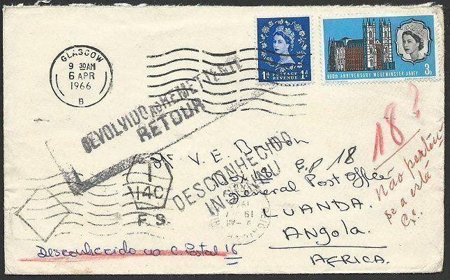 GB SCOTLAND TO ANGOLA 1966 cover returned to sender........................49438