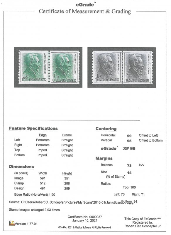 1225 1 cent Andrew Jackson Line Pair Stamp Mint OG NH EGRADED XF-SUPERB 95 XXF