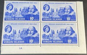 BRITISH VIRGIN ISLANDS # 143-MINT/NEVER HINGED---PLATE # BLOCK OF 4---1964