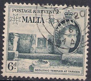 Malta 1956 QE2 6d Indigo Temples at Tarxien used SG 274 ( G1184 )