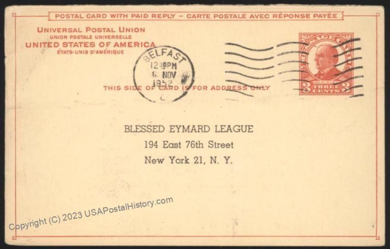 USA 1926 Issue 3c McKinley Reply Card Returned Belfast Ireland Foreign Us 111733