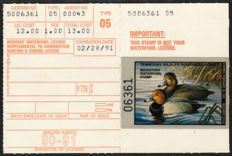 U.S.TENNESSEE 14, STATE DUCK HUNTING PERMIT STAMP 2 PART CARD. MINT