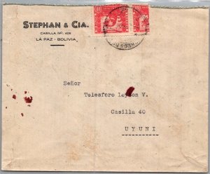 BOLIVIA POSTAL HISTORY COVER STAMP CUT 1/2 ADDR UYUNI CANC LA PAZ YRS'1940-50