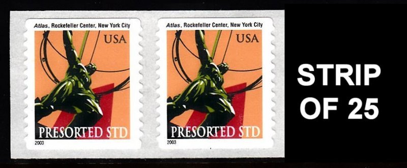 US #3770  Atlas Statue   dated 2003  coil strip of 25  MNH