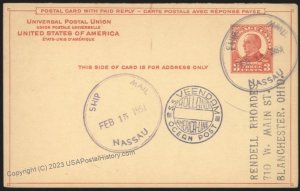 USA 1926 Issue 3c McKinley Reply Card Nassau Ship Mail SS Veendam Foreign 111725
