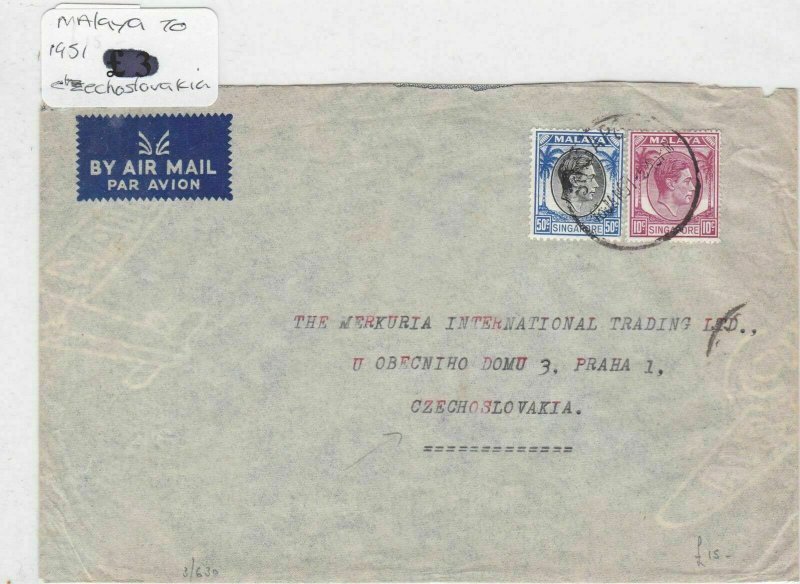 malaya to czechoslovakia 1951 stamp cover Ref 8858 