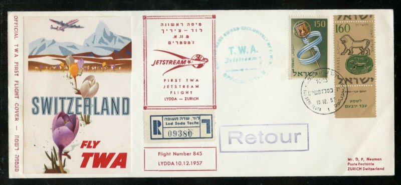 ISRAEL 1957 TWA JETSTREAM FIRST FLIGHT REGISTERD COVER LOD TO SWITZERLAND