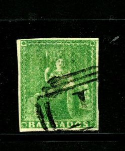 Barbados #5a (B655) (1/2 pence) yellow green, Britannia, Used, F-VF, CV$125.00