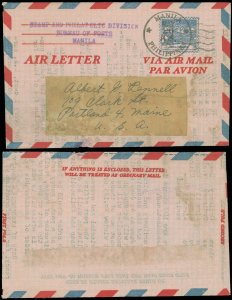 PHILATELIC BUREAU of POSTS, MAY 20 1950 MANILA PHILIPPINES Air Letter to Maine