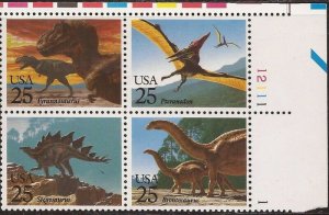 US Stamp Wholesale 1989 25c Dinosaurs 25 Plate Blks #2422-5 CV $88 At Face