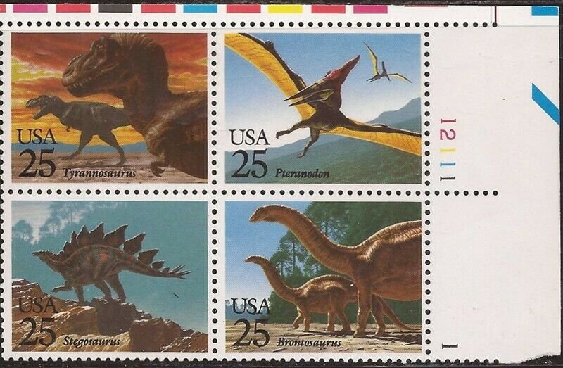 US Stamp Wholesale 1989 25c Dinosaurs 25 Plate Blks #2422-5 CV $88 At Face