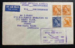 1954 Sydney Australia First Direct Flight Cover FFC To Christchurch New Zealand