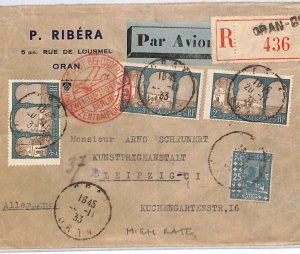 France Cols ALGERIA 1933 German Air Mail Cover Oran HIGH RATE Regd Leipzig YV254