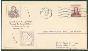 US 726 1933 First Day Cover, 3c James Oglethorpe (single) on an addressed (typed) First Day Cover with a huxcut cachet