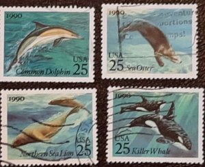 US Scott # 2508-2511; Four 25c Creatures of the Sea, 1990; used; VF centering