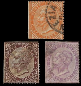 Italy 1863 Sc 27, 30, 32 U trimmed perfs,  space fillers