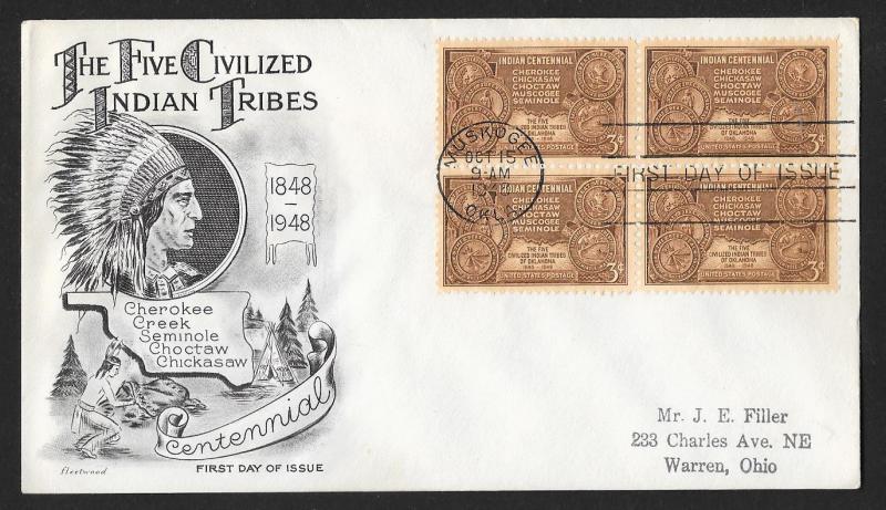 UNITED STATES FDC 3¢ Indian Centennial BLOCK 1948 Fleetwood