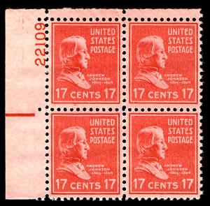 US #822 PLATE BLOCK, VF/XF mint never hinged, 17c Johnson,  well centered and...