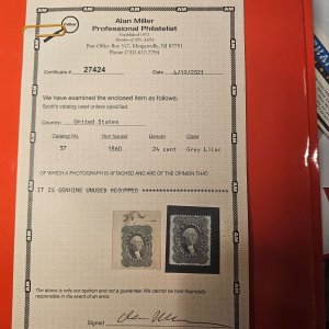 37  Genuine Unused re-gummed Very clean stamp CSV 1450.00