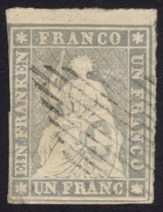Switzerland 1855 1fr Lavender Grey, Black Thread, Scott 30 SG 44 FU Cat $1000