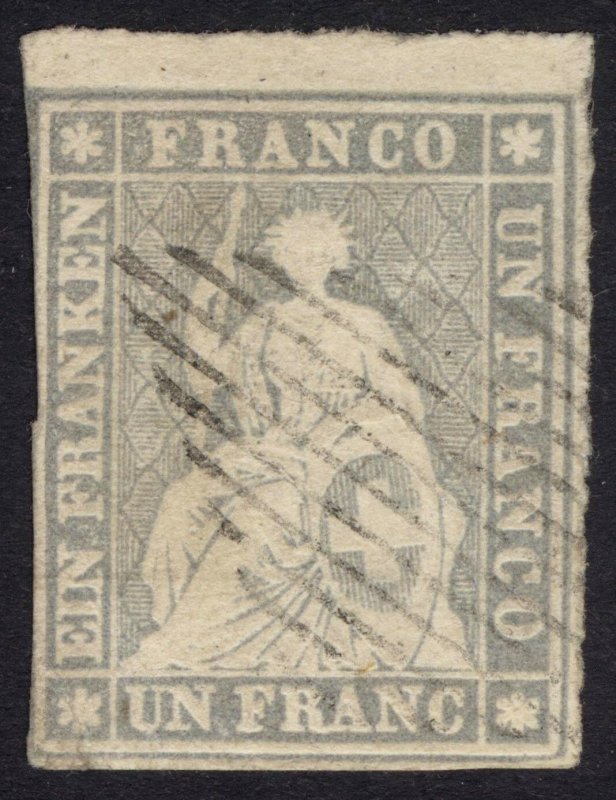 Switzerland 1855 1fr Lavender Grey, Black Thread, Scott 30 SG 44 FU Cat $1000