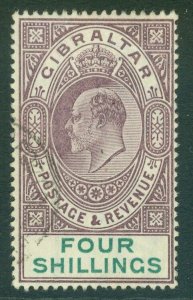 SG 53 Gibraltar 1903. 4/- dull purple & green. Very fine used, leaving Kings...