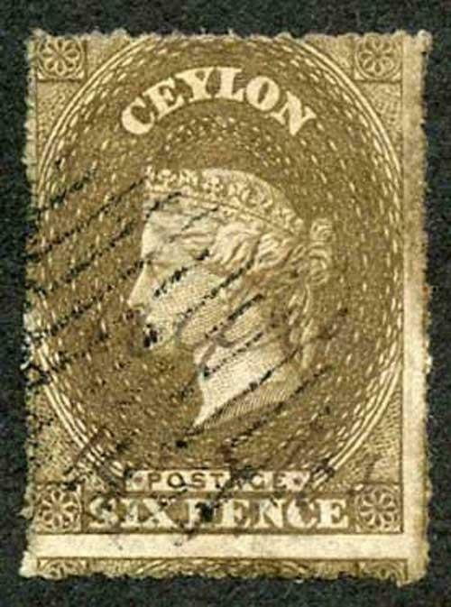 Ceylon SG31b 6d Olive-sepia Wmk Star Rough Perf 14 to 15.5 Cat 120 pounds