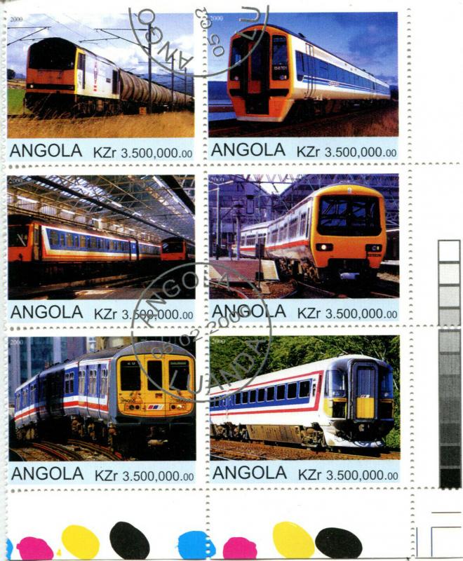 ANGOLA Trains 2 Blocks of 6 Cinderella Stamps Transportation Steam Locomotives