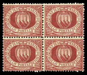 San Marino #9, 1899 10c claret, block of four, never hinged