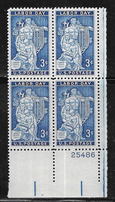 US #1082 3c Labor Day   Plate Block of 4 (MNH) CV $1.00
