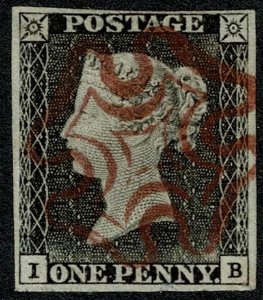 GB 1d Black IB Plate 1a. 4 margins, fine MAGENTA Maltese cross cancel.