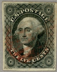 US Scott#17 1851 12c imperf Washington, 4 margins, light red cancel, sound