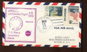 APOLLO 6 AS-502 USS OKINAWA RECOVERY SHIP APR 4 1968 HANDSTAMP COVER GT182