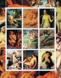 Tadjikistan 2000 Famous NUDES Paintings of Women Sheet Perforated mnh.vf