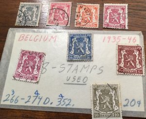 1935-1946 Belgium Set of 8 Stamps 266-274D.352 Used/Cancelled