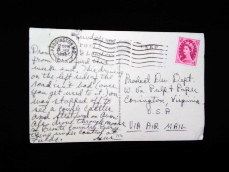 J) 1952 ENGLAND, QUEEN ELIZABETH II, POSTCARD, AIRMAIL, CIRCULATED COVER, FROM E