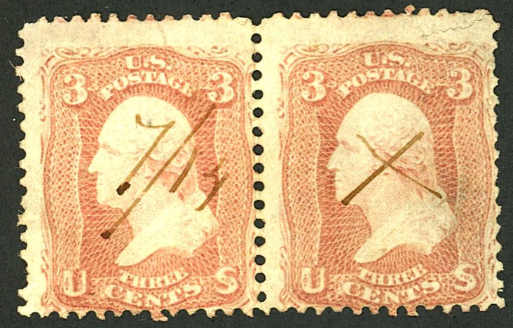 U.S. #65 USED PAIR NICE PEN CANCEL