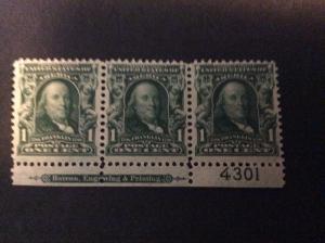 U.S. #300 B. Franklin 1c Strip of 3 w/P# on bottom w/BEP imprt.,MH.  See discrip