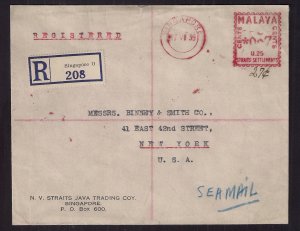 SINGAPORE (MALAYA) METER STAMP Registered Sea Mail 1939 to New York nice bkstps