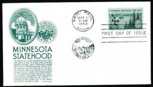1106 3c Minnesota Statehood FDC Anderson green cachet May 11, 1958