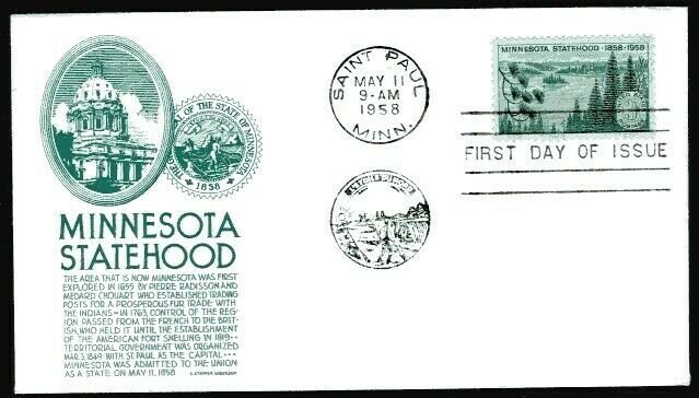 1106 3c Minnesota Statehood FDC Anderson green cachet May 11, 1958