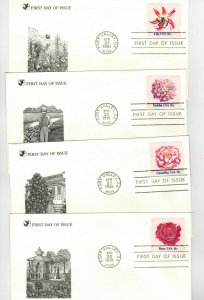 USA SETENANT SET OF 4 SINGLES FDCs FLOWERS Rose Lily Dahlia Camellia Nice!