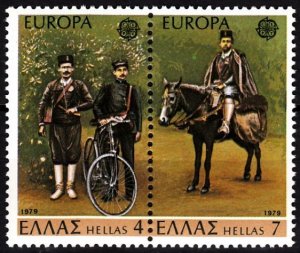 GREECE 1979 EUROPA: Postal History. Postmen Bicycle Horse. Pair, MNH