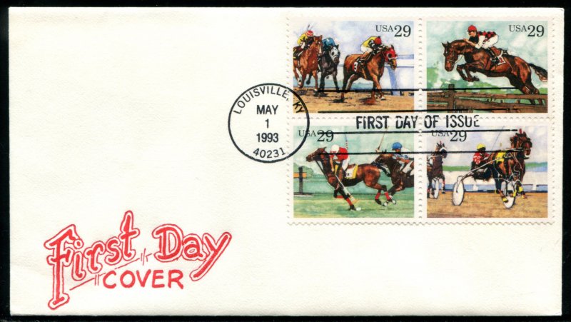 2759a US 29c Sporting Horses blk/4 FDC ,  Artopages cachet