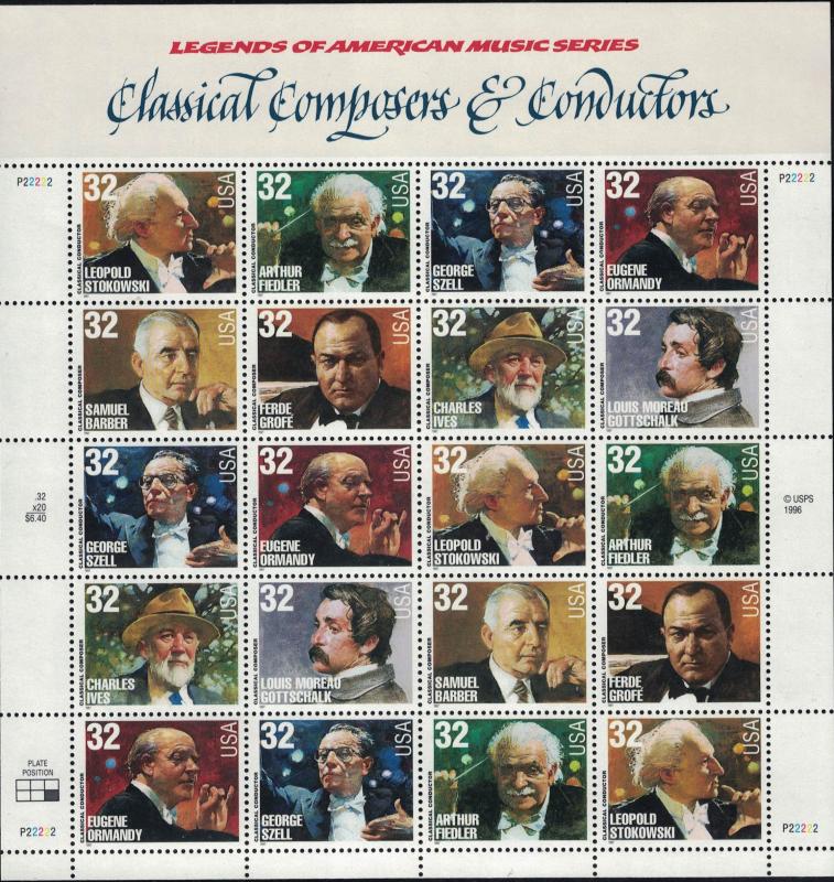 USA Scott # 3152-65, Classical Composers, 1996, Pane of 20  MNH