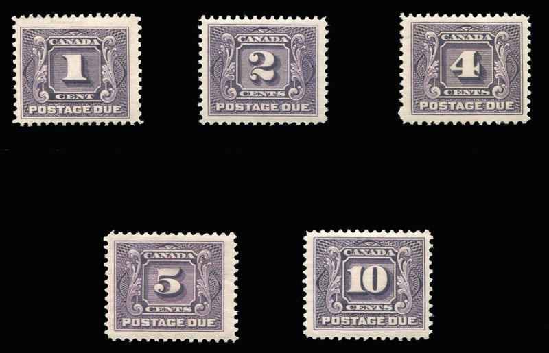 Canada #J1-5 Cat$240, 1906-28 Postage Dues, set of five, lightly hinged