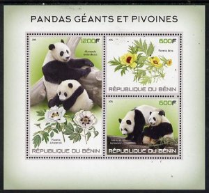 BENIN - 2015 - Giant Pandas & Peonies - Perf 3v Sheet  - MNH - Private Issue