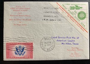 1936 Reynosa Mexico First Rocket Flight Mail cover To McAllen TX USA K