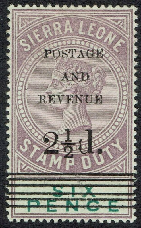 SIERRA LEONE 1897 QV POSTAGE AND REVENUE 21/2D ON 6D SG TYPE 10  