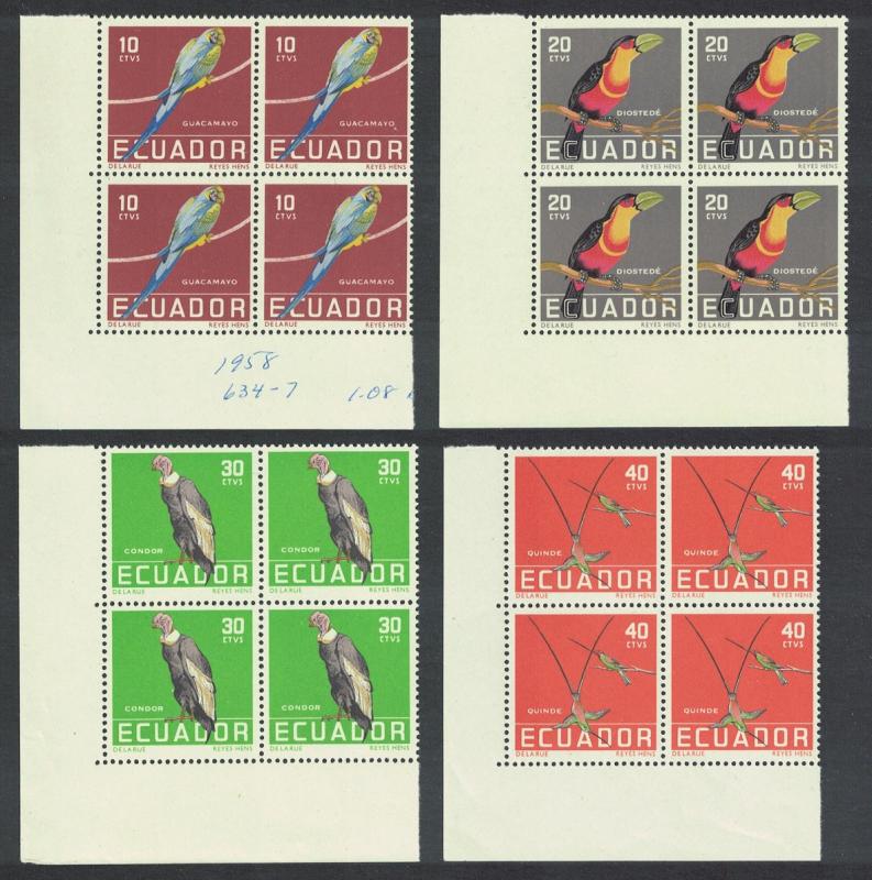Ecuador Macaw Toucan Condor Hummingbird Tropical Birds 4v Corner Blocks of 4
